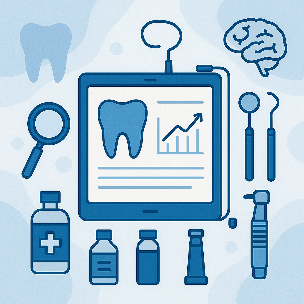 imagen con iconos de odontologia y una grafica de exito todo en azul