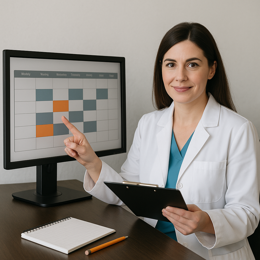 Una doctora señalando un calendario para agenda de cita.